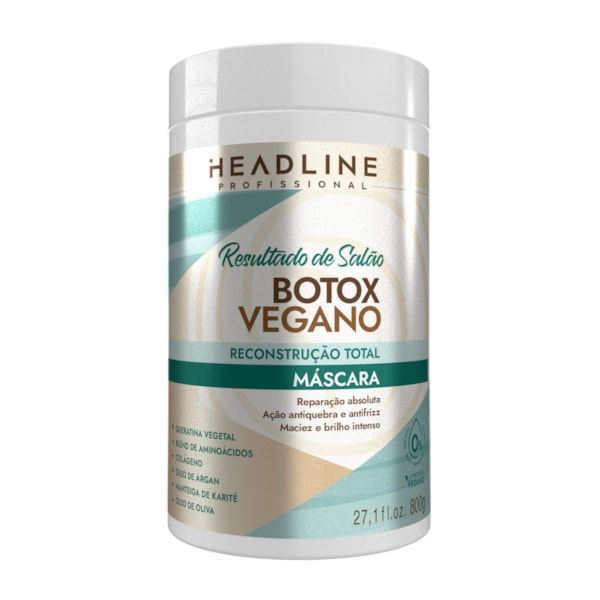 Máscara Botox Vegano - Reconstrução Total, Recupera e Reduz a Quebra - HEADLINE Resultado de Salão - 800g-dfa11491-e287-482a-92e3-56c79522dccb